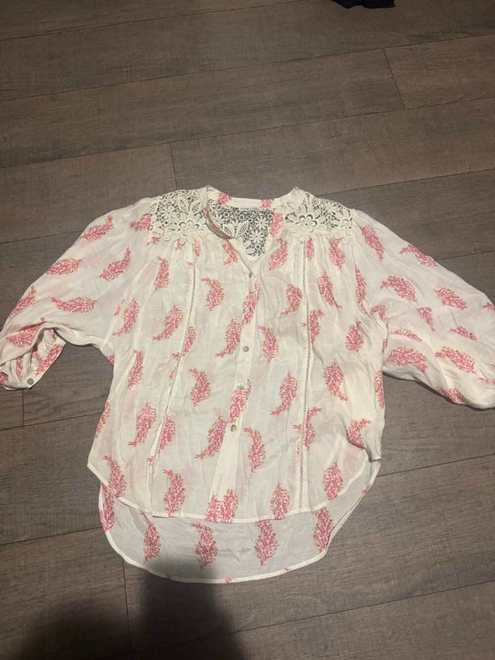Figueroa & Flower Crochet Lace Blouse XL Ivory Pink Floral Boho